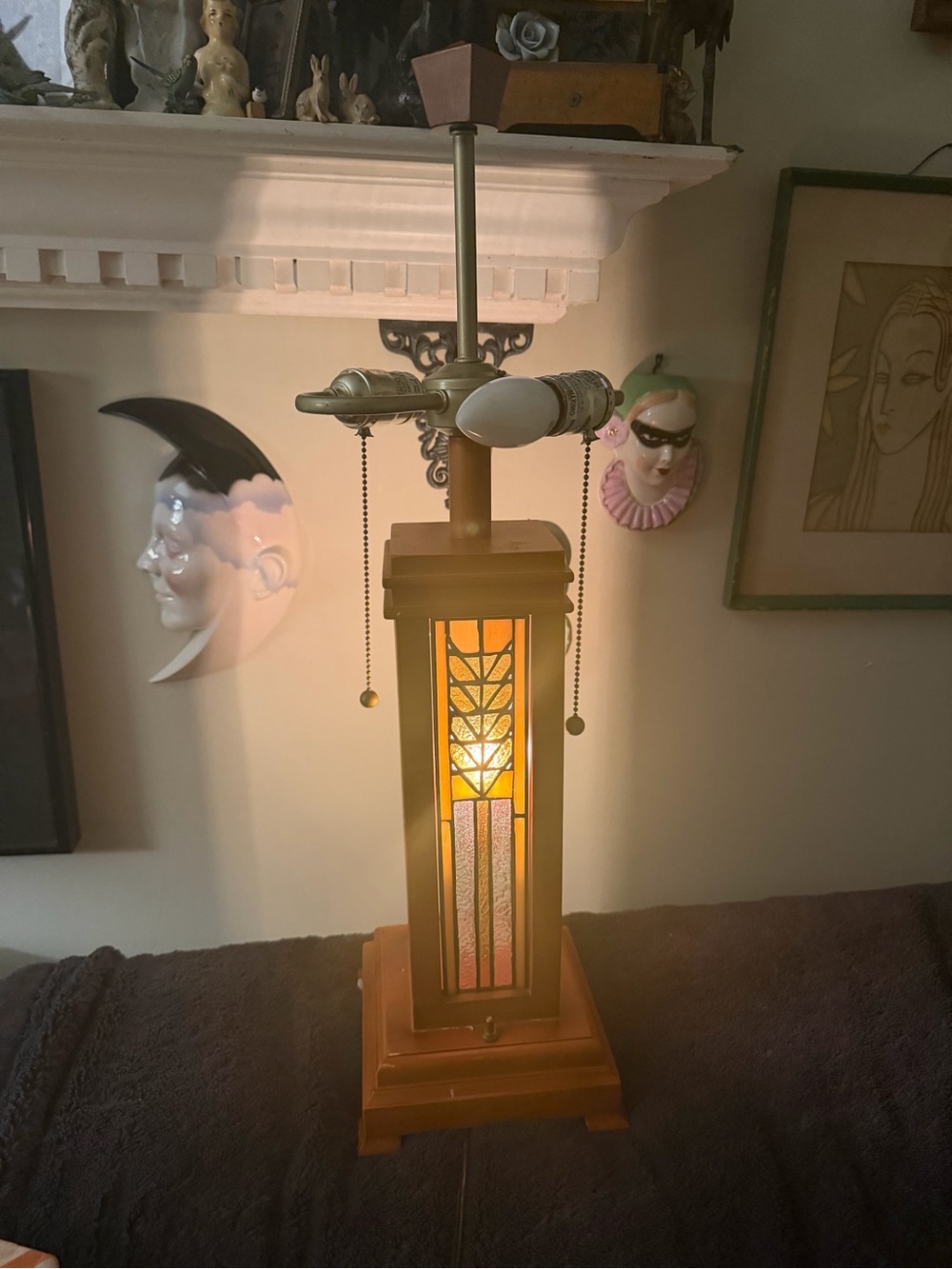 VTG Wood & Stained Glass Three In One Frank Lloyd Wright/ Tiffany Style Lamp